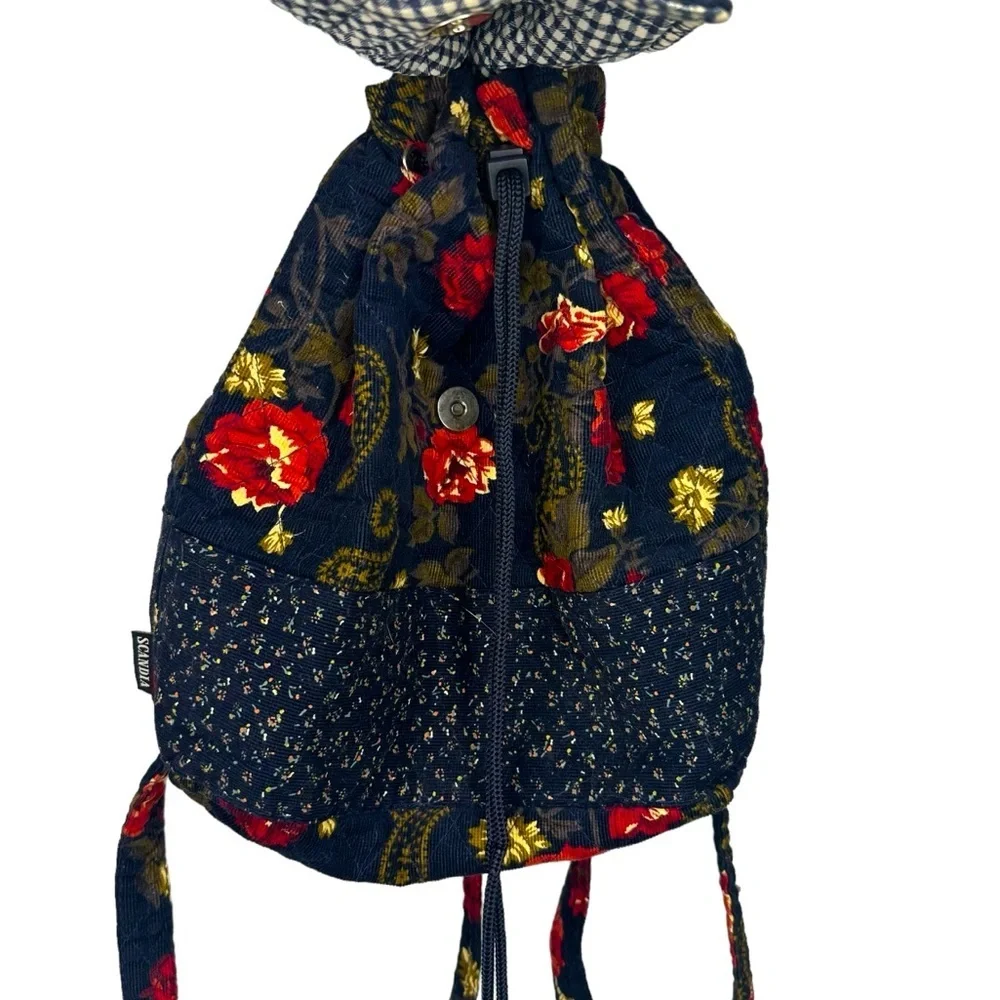 Vintage Scandia Floral Book Bag / Back Pack Black / Red / Yellow Plaid Interior